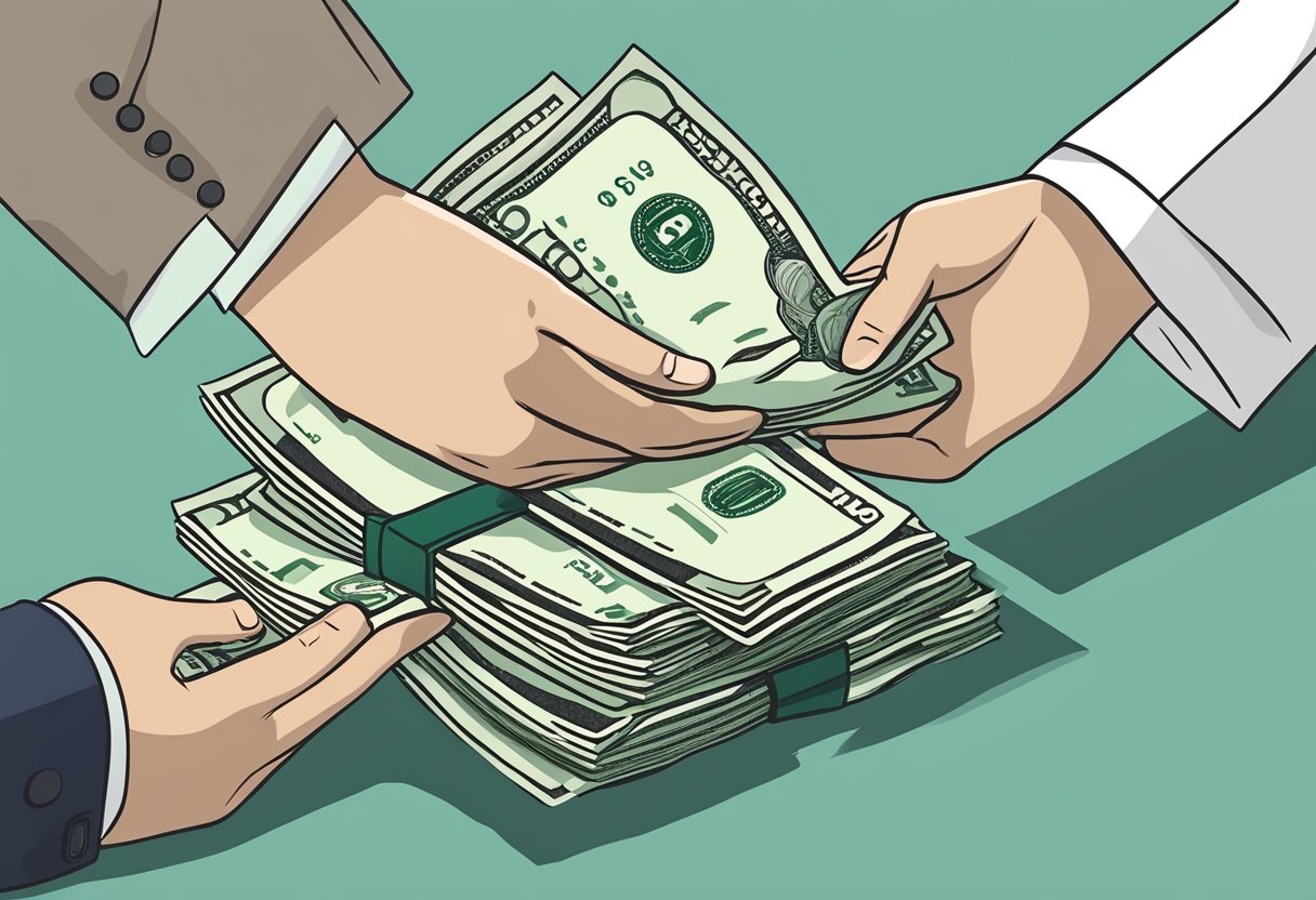 A money lender hands over cash to a borrower in exchange for a signed document