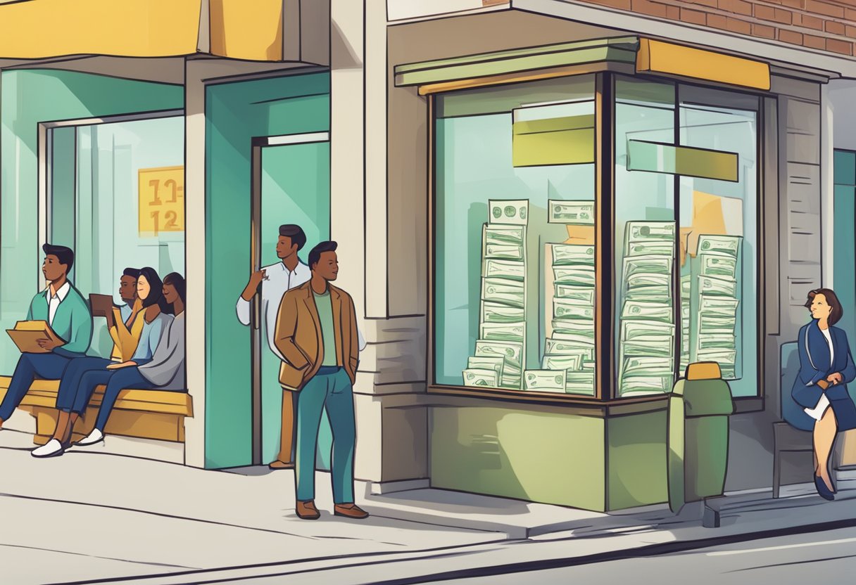 A line of money lenders waiting for credit counseling, with a sign reading "Frequently Asked Questions" in the background