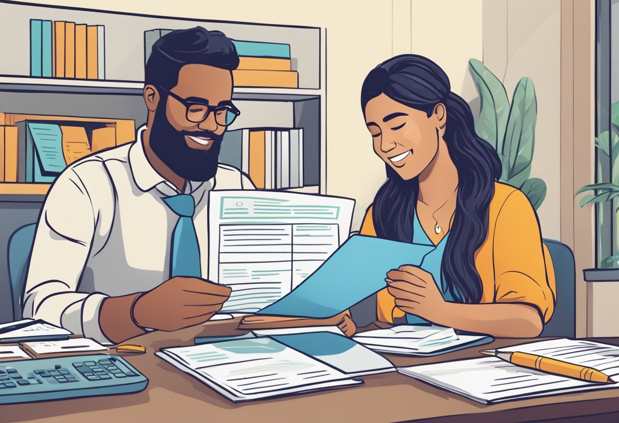 A person filling out a loan application at a desk, with a licensed money lender discussing flexible repayment options