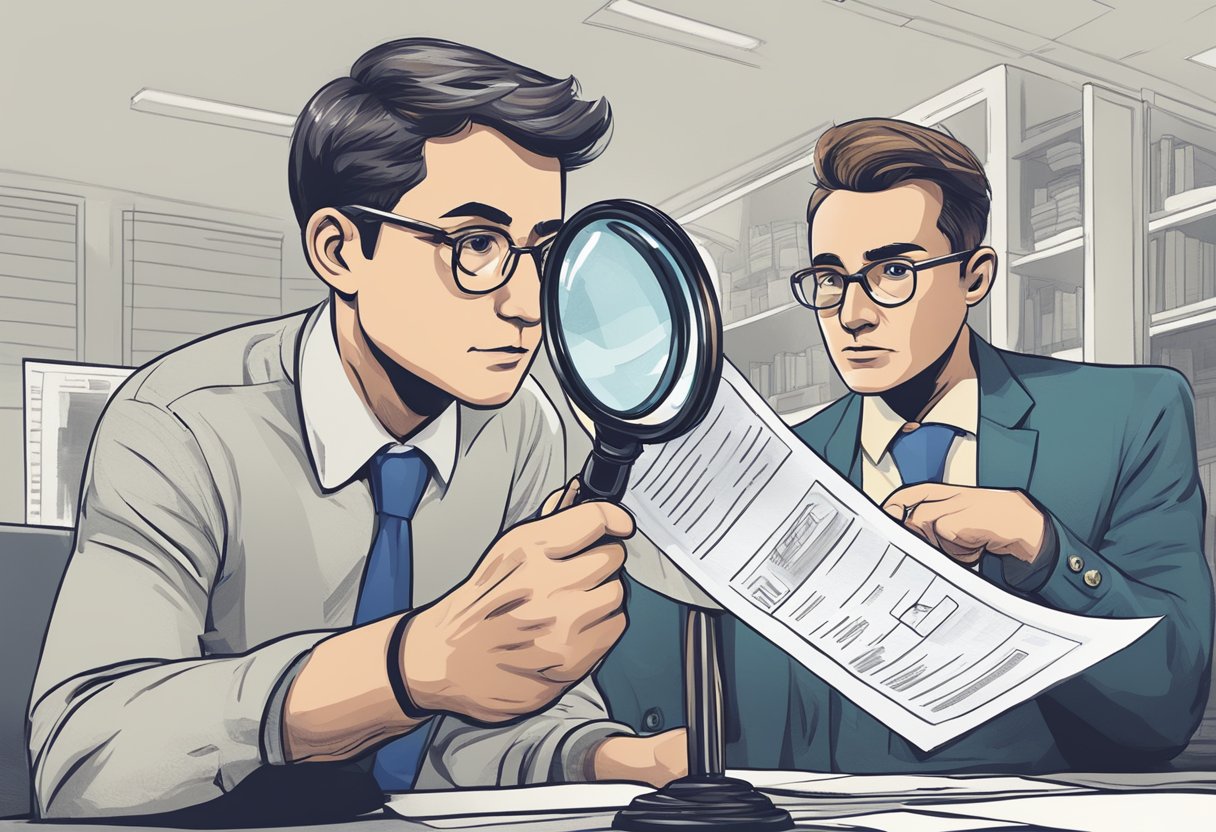 A person holding a magnifying glass up to a detailed document with official seals and logos, while another person looks on with a skeptical expression