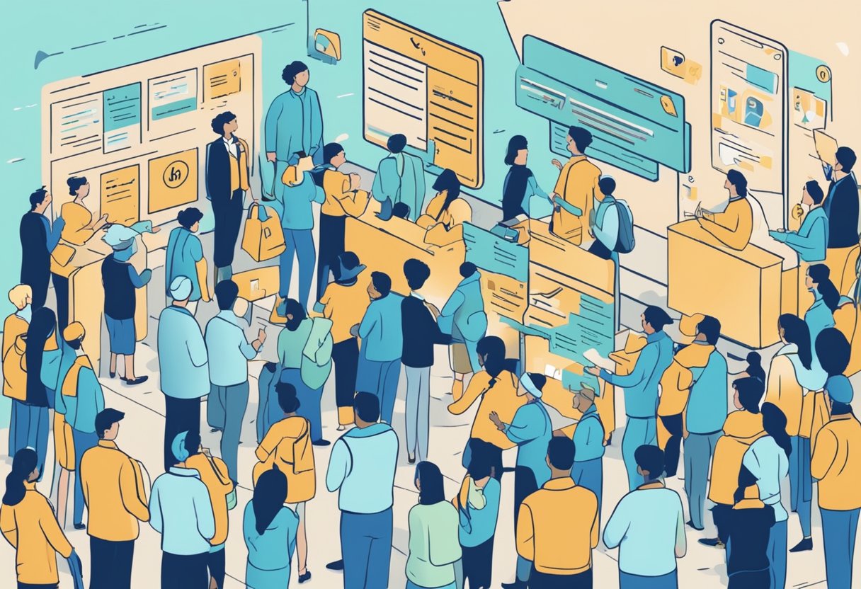A money lender's sign surrounded by people with questions, while a flexible repayment schedule is highlighted