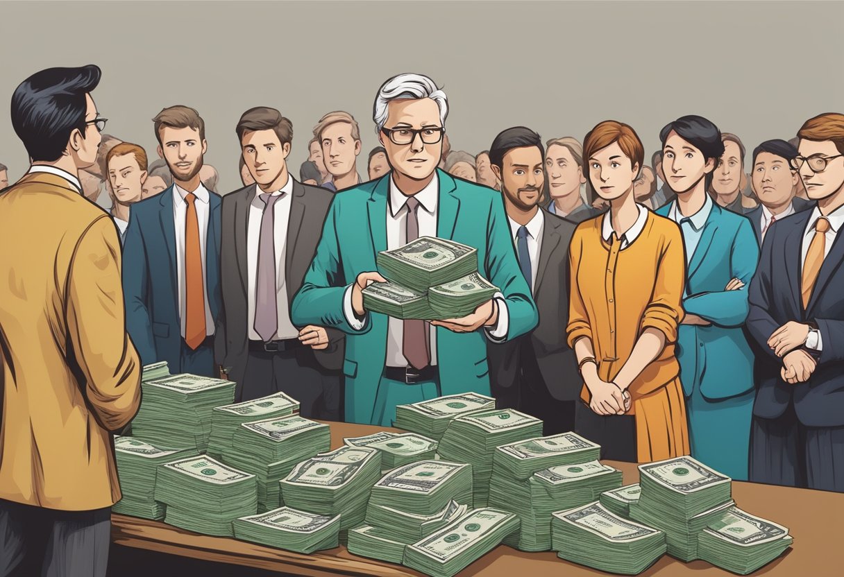 A figure nervously approaches a group of money lenders, hand outstretched, pleading for a loan of 500