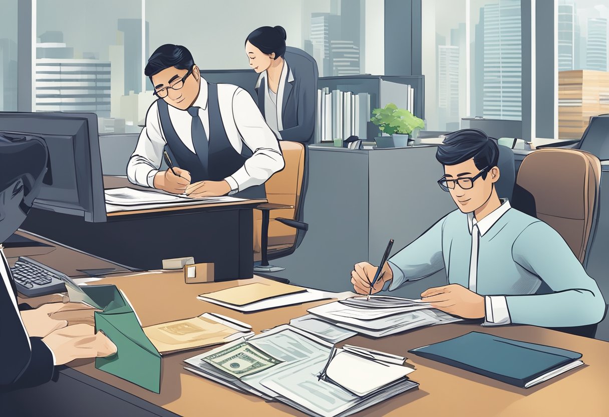 A person receiving a loan from a money lender in Singapore, signing documents and exchanging money in a professional office setting