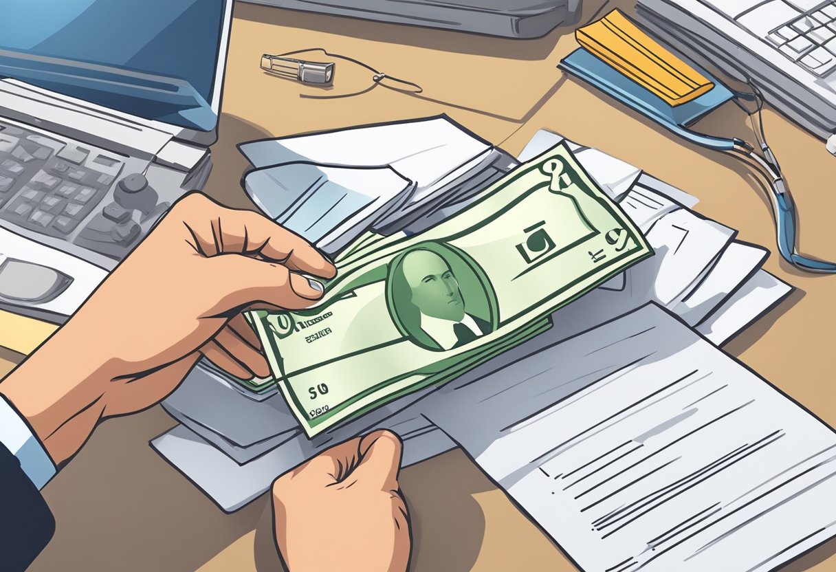 A licensed money lender hands over a check for a consolidation loan to a client in an office setting