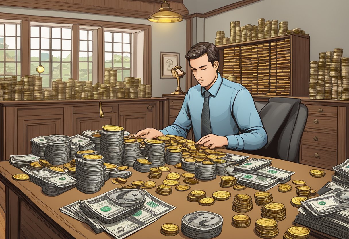 A middle road money lender counting coins at a wooden desk with a scale and ledger, surrounded by stacks of bills and coins