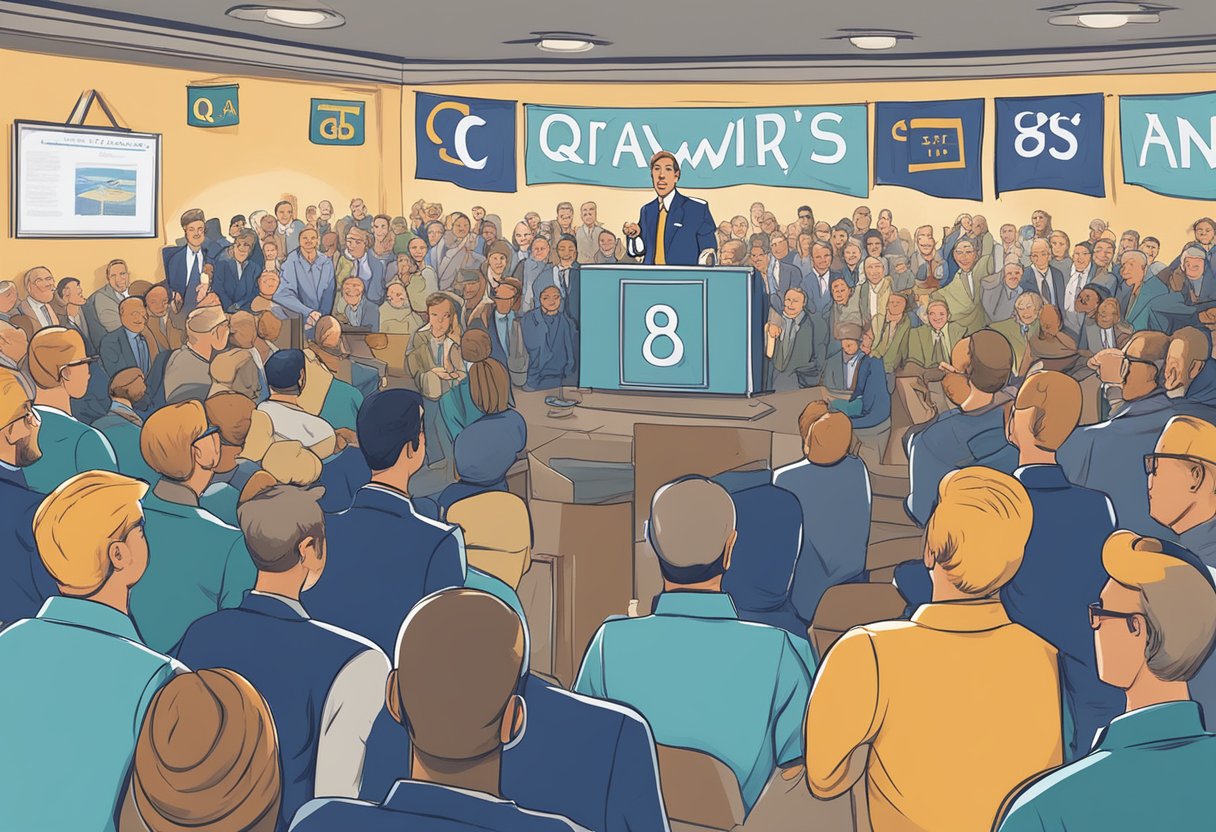 The chairman of Crawfort money lender addresses a crowd, surrounded by banners and a Q&A sign