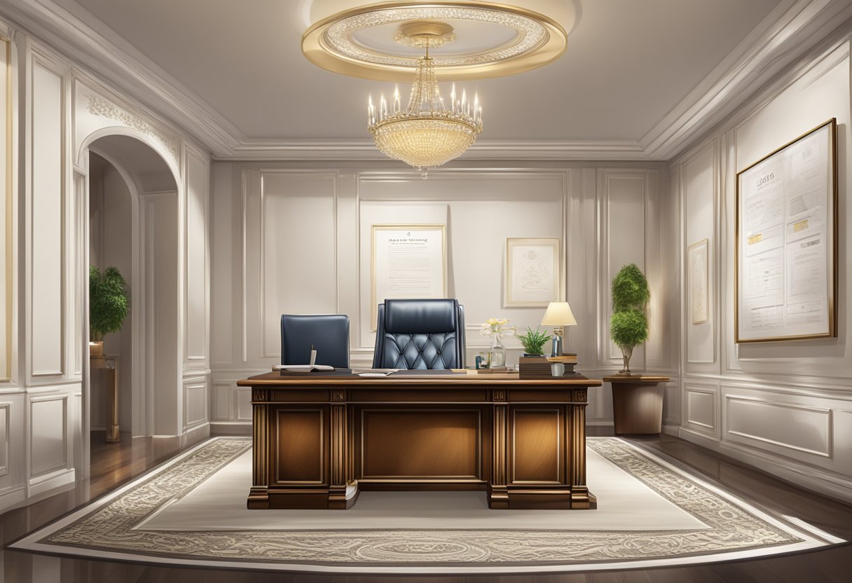 An elegant office with a polished desk, official documents, and a prestigious sign displaying "Elite Licensed Money Lender."