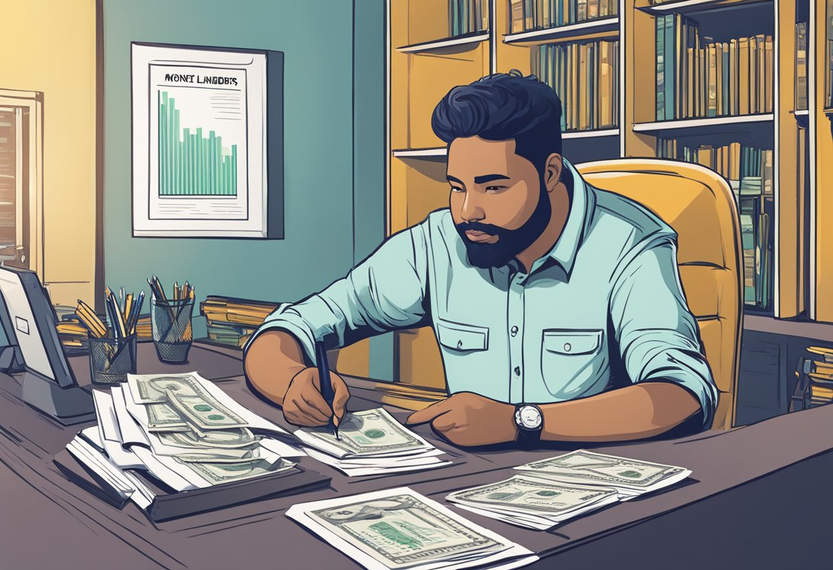 A person sitting at a desk, holding a pen and paper, with a sign that reads "Money Lenders" in the background