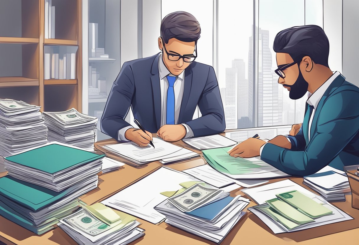 A person signing a loan agreement with a money lender, surrounded by legal documents and financial paperwork