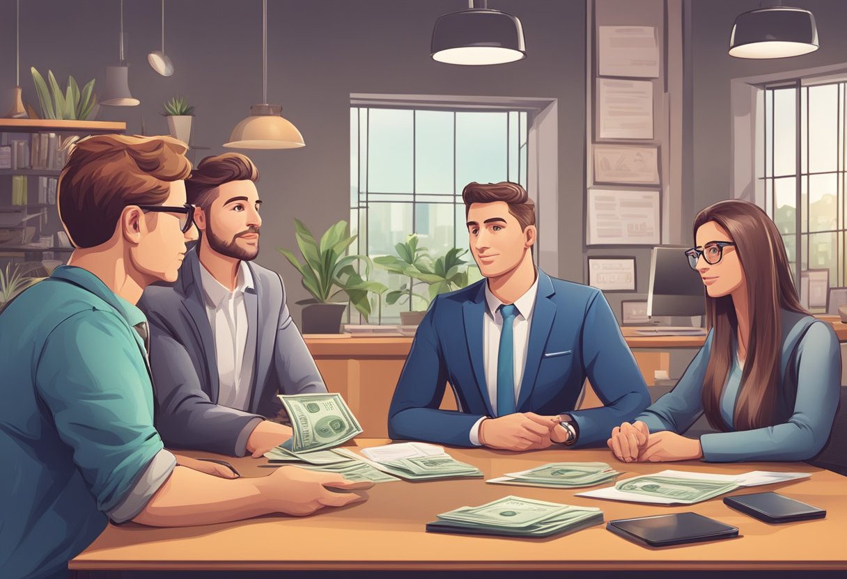 A money lender sits behind a desk, a sign displaying interest rates and loan terms. Customers line up, discussing financial needs with the lender