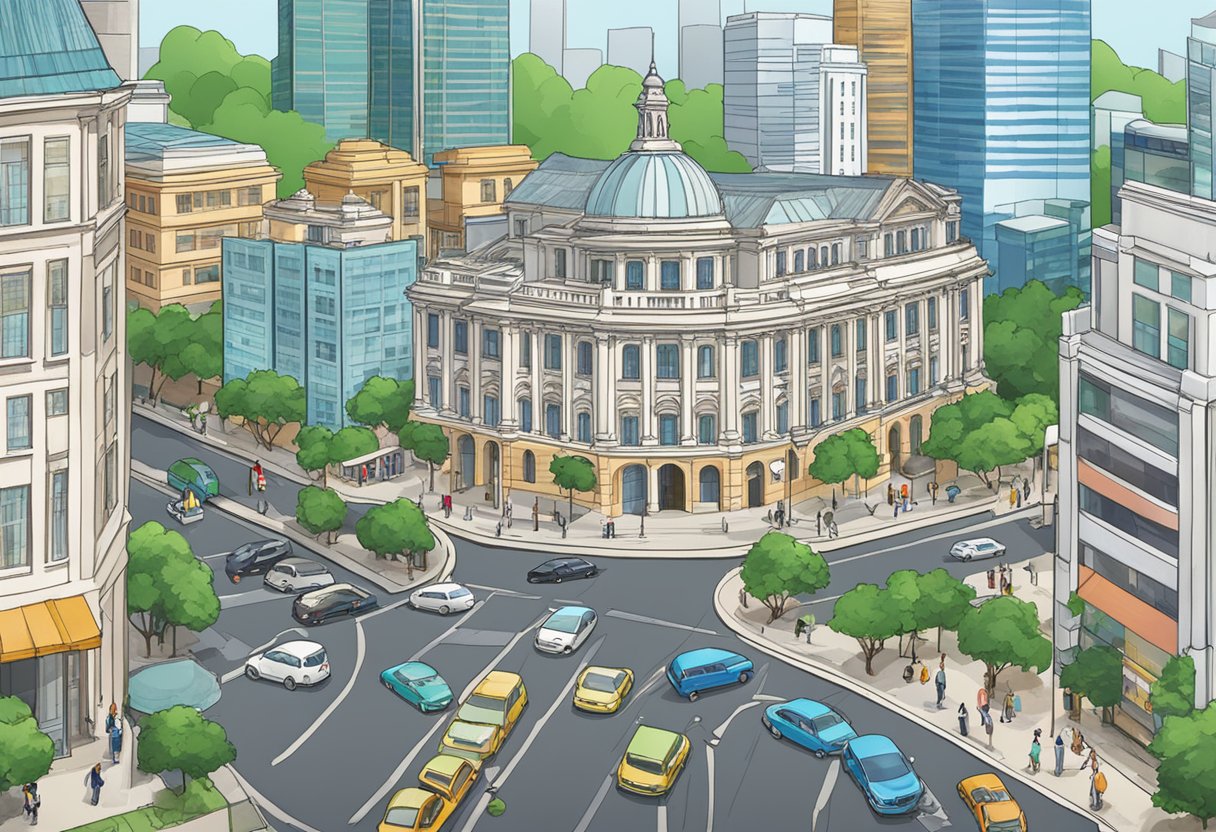 A bustling city street with a prominent building labeled "GM Creditz Legal Money Lender Singapore" in the City Hall area