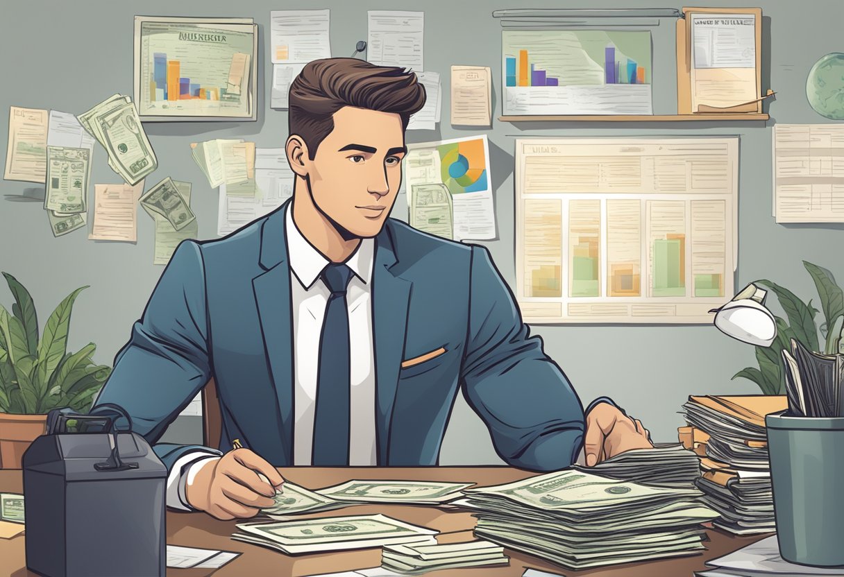 A well-dressed individual sitting at a desk with a sign displaying "Elite Licensed Money Lender" and various financial documents scattered around