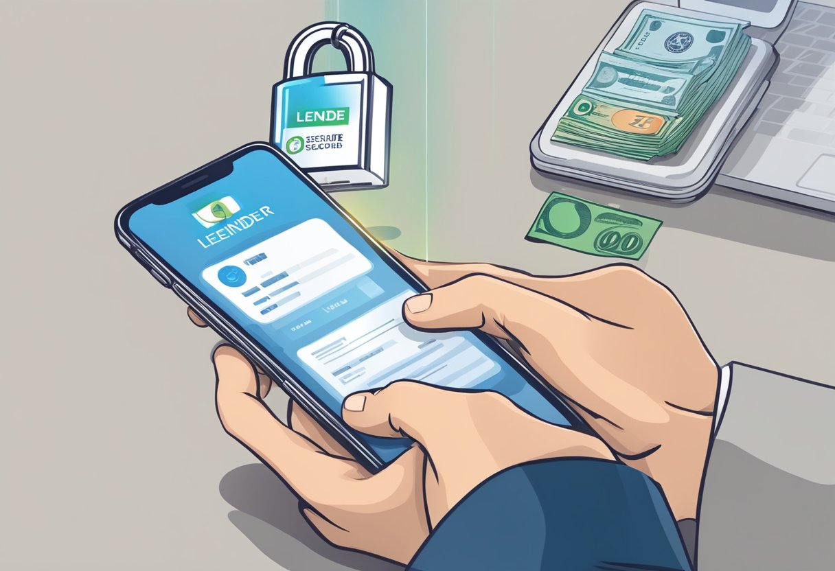A person holds a smartphone, checking a money lender's credentials online. A padlock icon indicates a secure website, while a verified badge confirms the lender's legitimacy