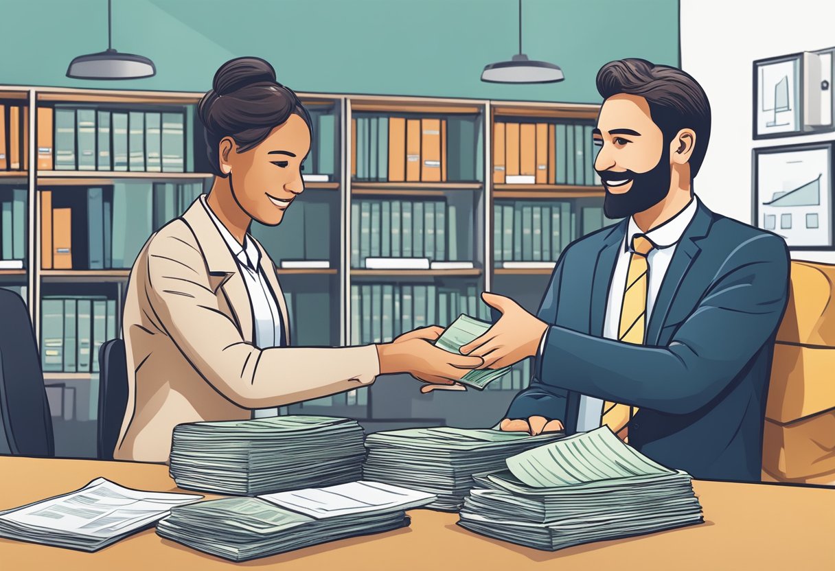 A person handing over documents to a moneylender in an office setting
