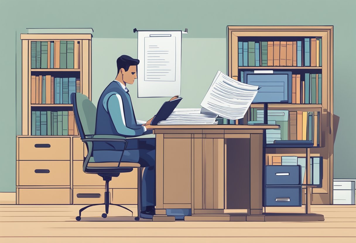 A person at a desk, reading a document titled "Frequently Asked Questions loan from money lender." A stack of papers and a pen are nearby