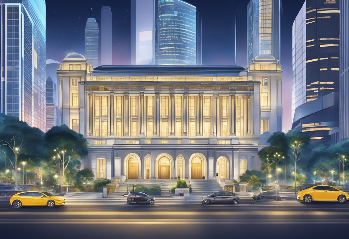 A bustling city hall with GM Creditz signage, representing the licensed money lender industry in Singapore. Bright lights and modern architecture convey a sense of professionalism and financial services