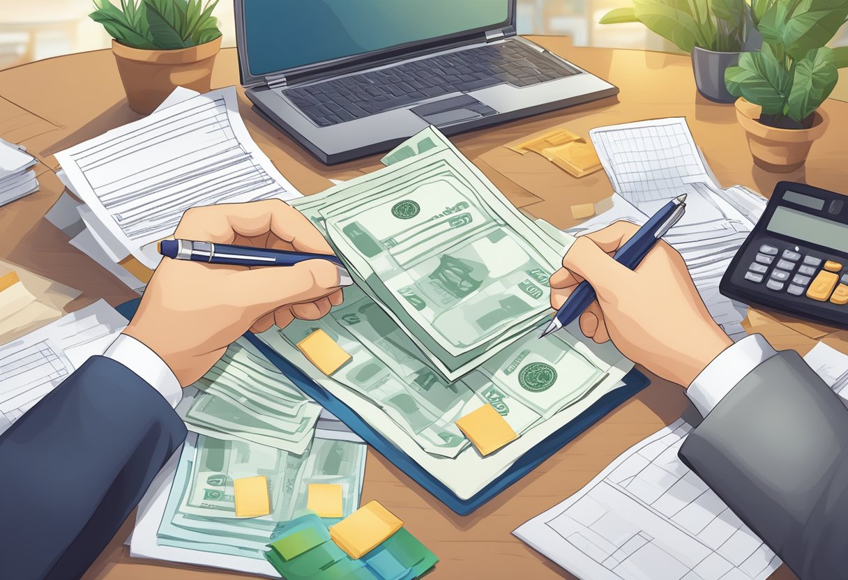 A licensed money lender hands over a consolidation loan to a client, with paperwork and financial documents on the table