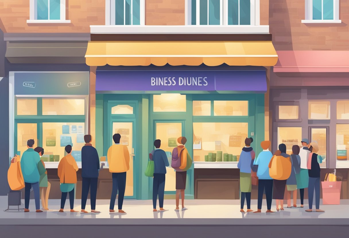 A money lender's shop is open on a public holiday, with a sign displaying the business hours and a queue of people waiting outside