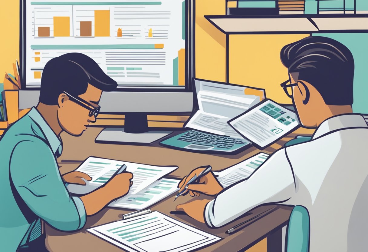 A person fills out a loan application form at a desk, while a bank employee reviews their financial documents. The applicant then signs the loan agreement, and the employee hands over the approved funds