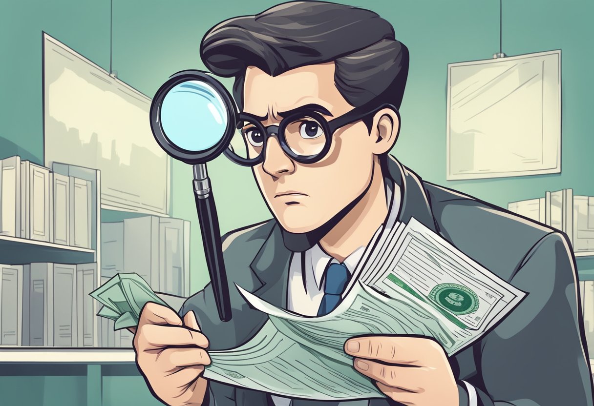 A person holding a magnifying glass to inspect official documents from a money lender, with a skeptical expression on their face