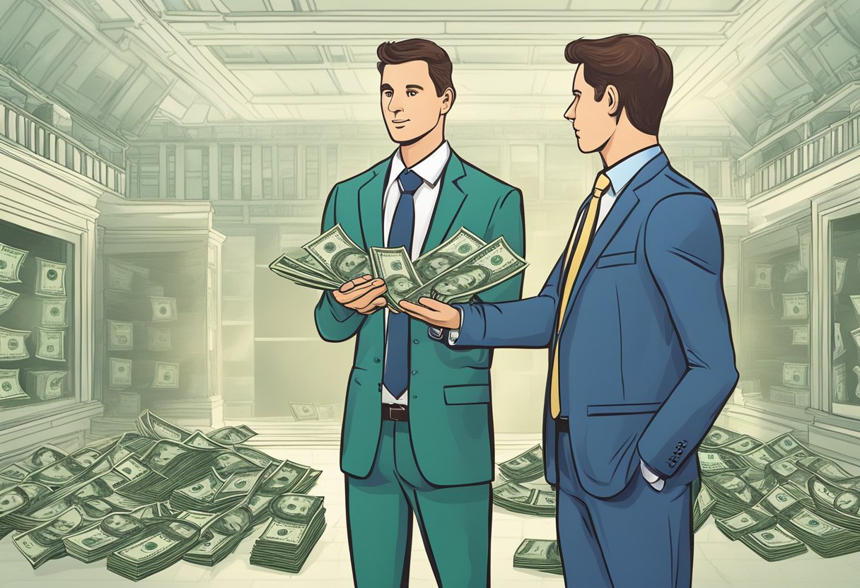 A person standing in front of a money lender, holding out their hand in request for 500 dollars