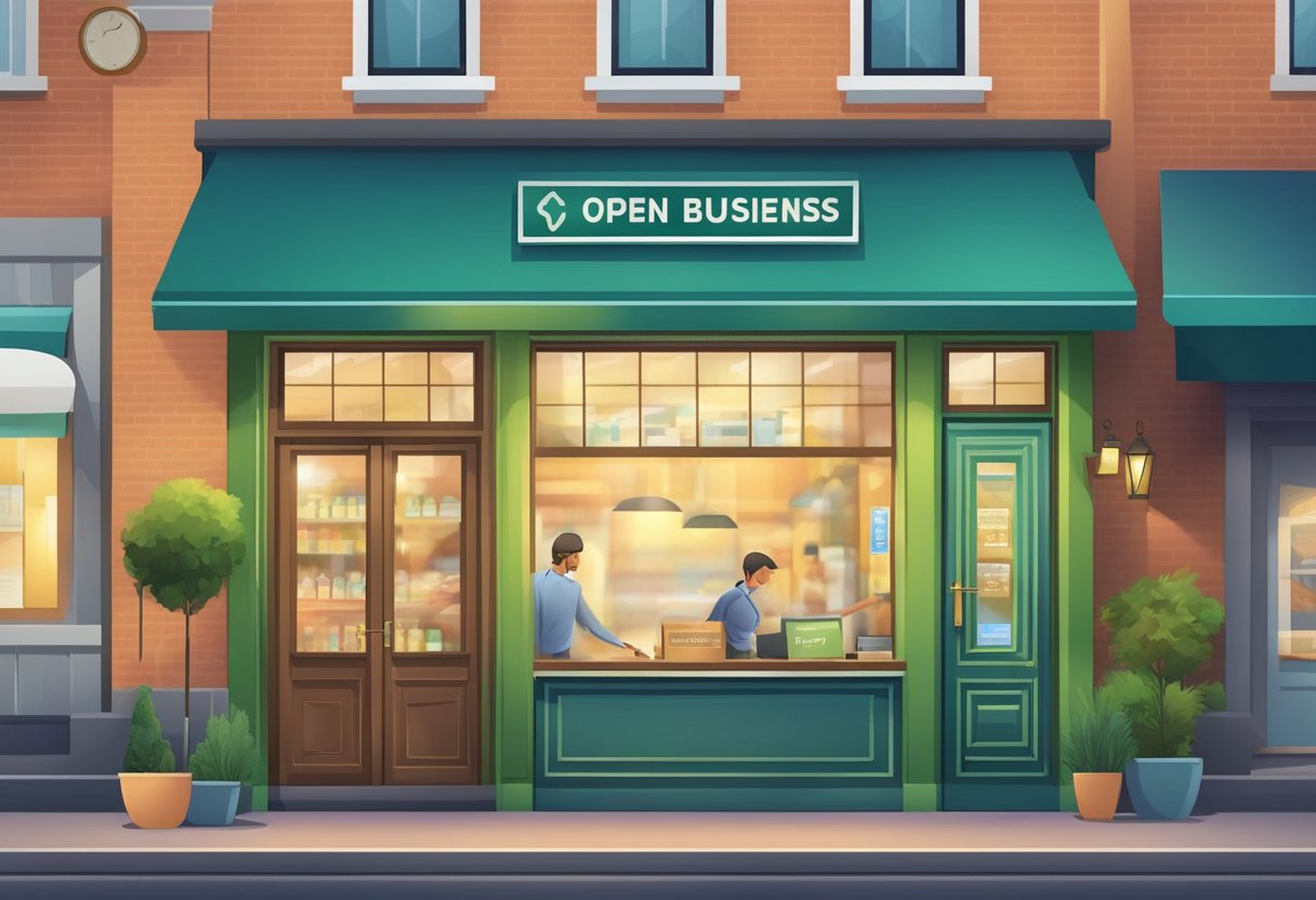 A money lender's storefront is brightly lit on a public holiday, with a sign indicating they are open for business. The door is ajar, inviting potential borrowers inside