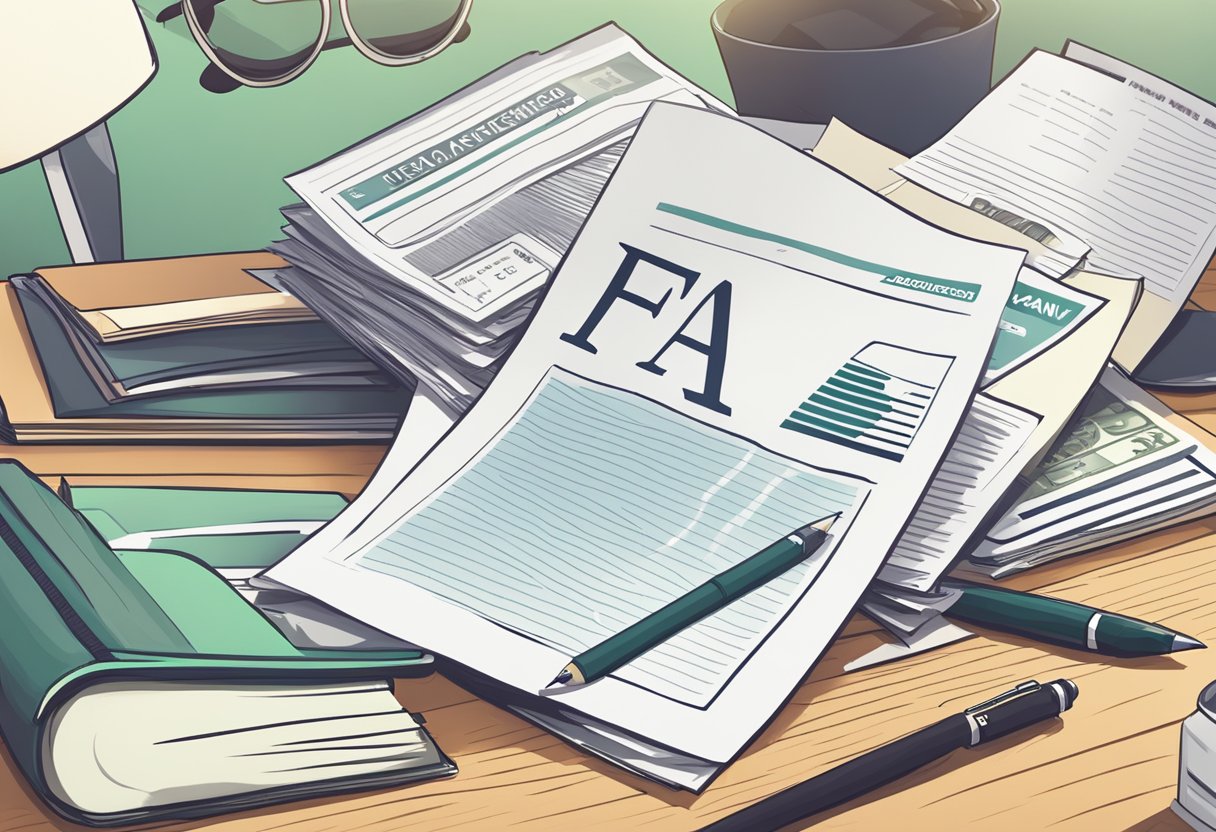 A stack of FAQ papers on a desk, with a consolidation loan agreement and a licensed money lender logo prominently displayed