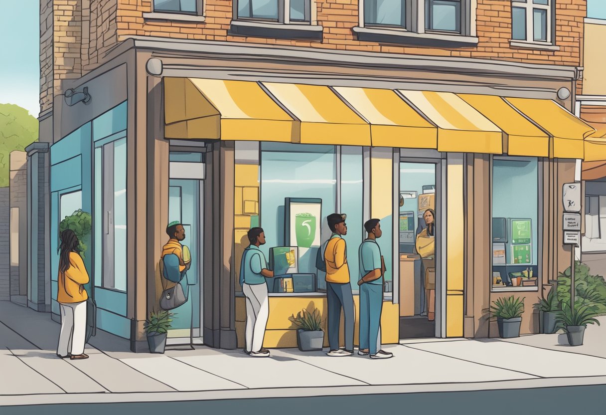 A line of customers waits outside a storefront with a sign that reads "Frequently Asked Questions middle road money lender."