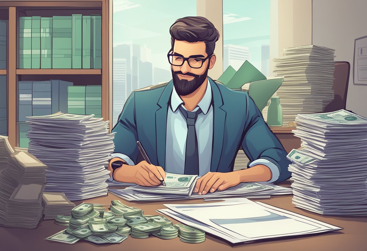A licensed money lender receives a monthly repayment from a client, sitting at a desk with paperwork and a calculator, surrounded by stacks of money and financial documents