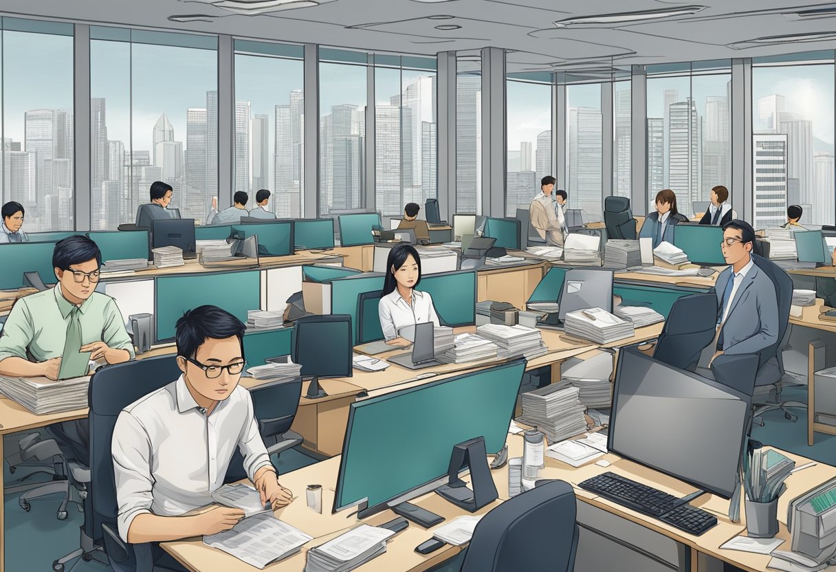 Private money lenders in Singapore are busy processing loan applications, while others are discussing interest rates and market trends. The office is filled with a sense of urgency and determination
