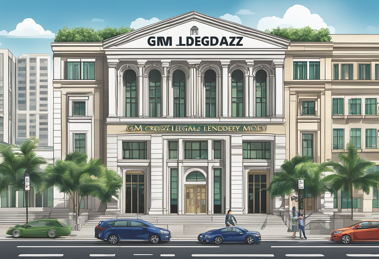A storefront sign displays "GM Creditz Legal Money Lender" in bold letters. The office is located in Singapore City Hall, with a clean and professional atmosphere