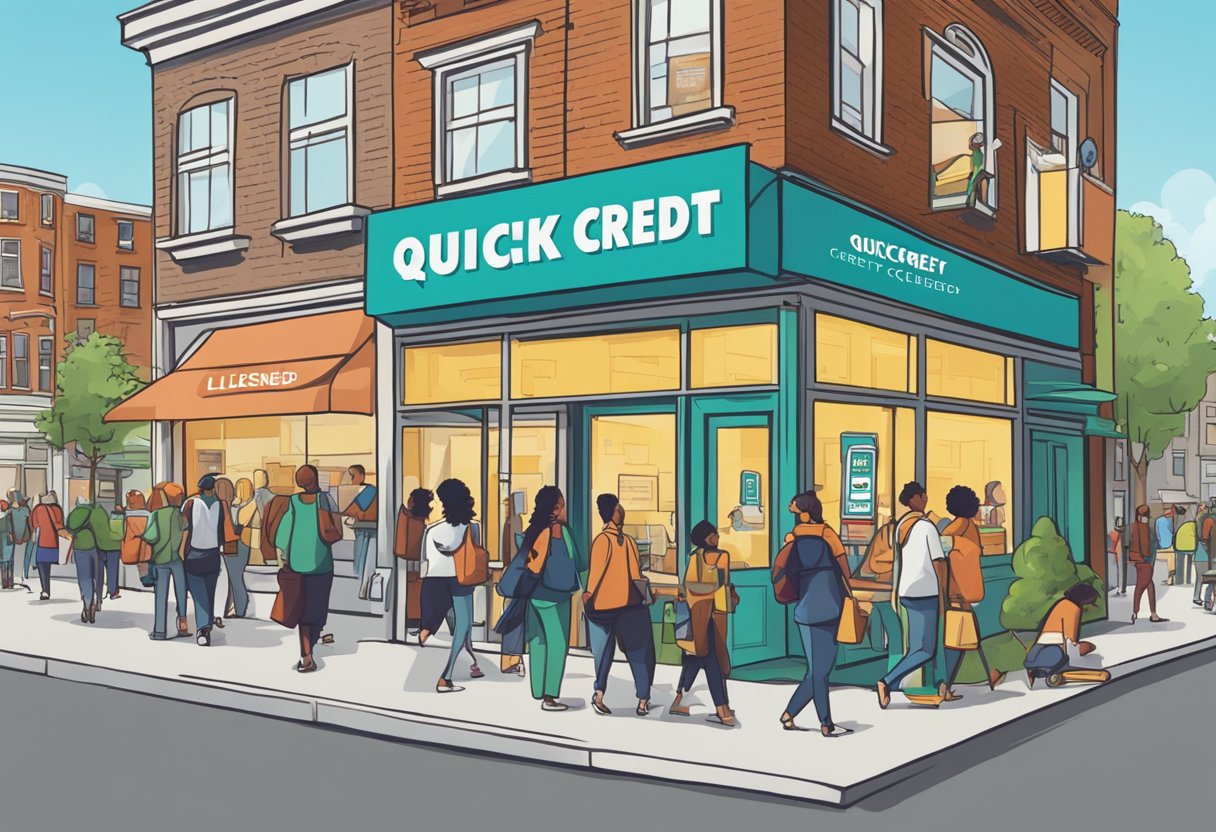 A bustling street corner with a bold sign reading "Quick Credit Licensed Money Lender" above a busy storefront. Customers enter and exit, while a line forms outside