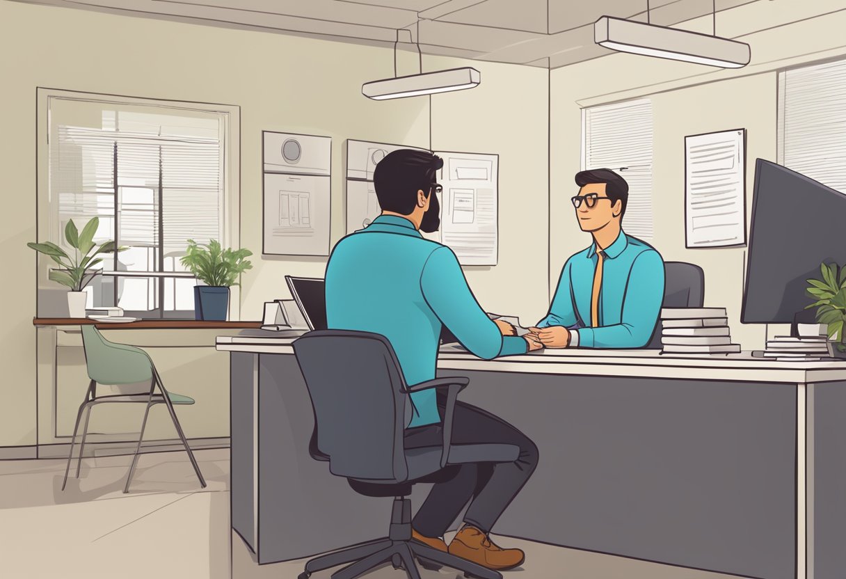 An office setting with a licensed moneylender sitting behind a desk, reviewing documents and discussing loan terms with a client. The room is tidy and professional, with a sign on the wall indicating their licensing