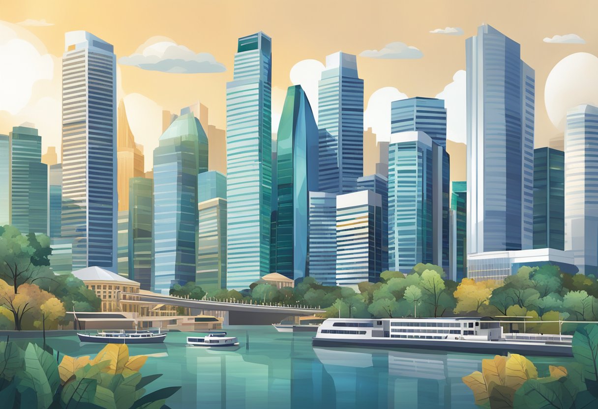 A bustling cityscape with financial institutions and office buildings, showcasing the growth and influence of private money lending in the Singapore economy