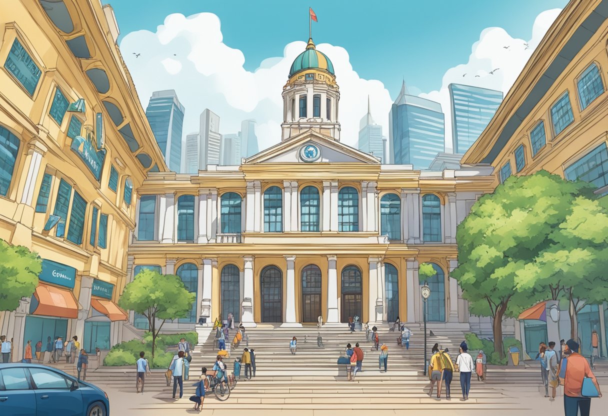 A bustling city hall with a prominent sign for "Frequently Asked Questions" and "gm creditz legal money lender singapore" displayed prominently