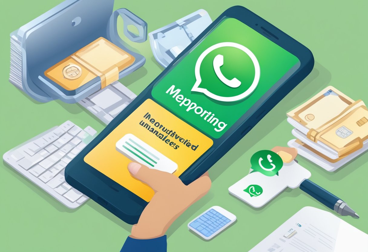 A person typing a message on a smartphone with the words "Reporting Unauthorised Moneylenders" and a WhatsApp icon on the screen