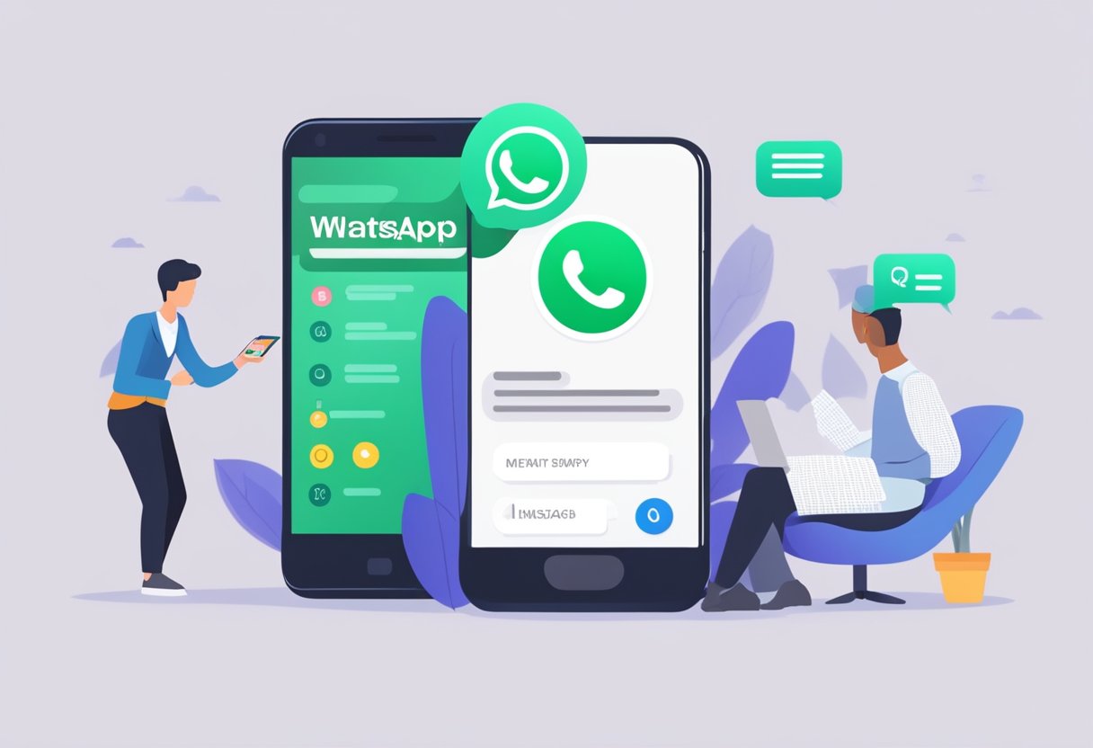 A smartphone displaying a WhatsApp conversation with a money lender being reported, with a person typing a message and a report button highlighted