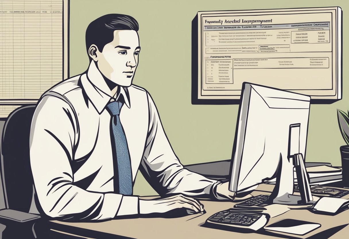 A person sitting at a desk, looking at a computer screen with the words "Frequently Asked Questions licensed money lender monthly repayment" displayed prominently