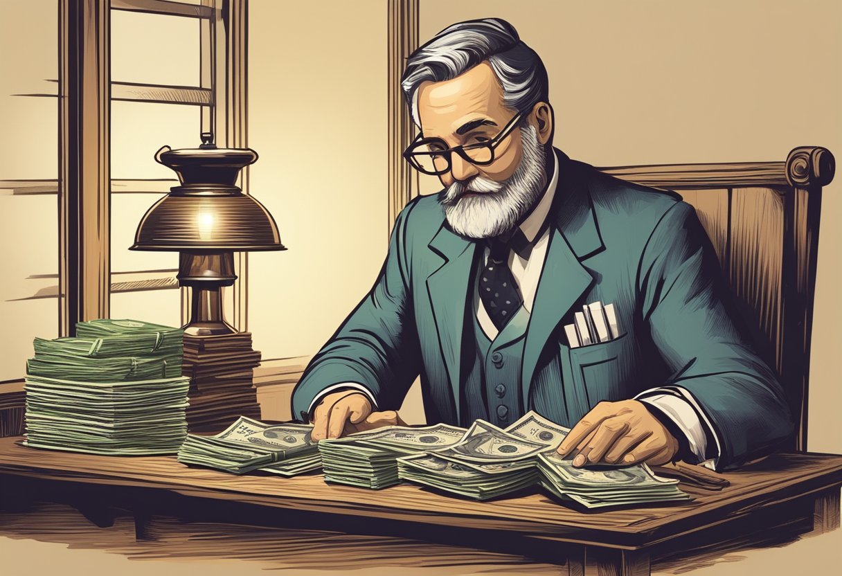 A money lender counting cash at a wooden desk, with a ledger and stacks of bills. A vintage lamp illuminates the scene