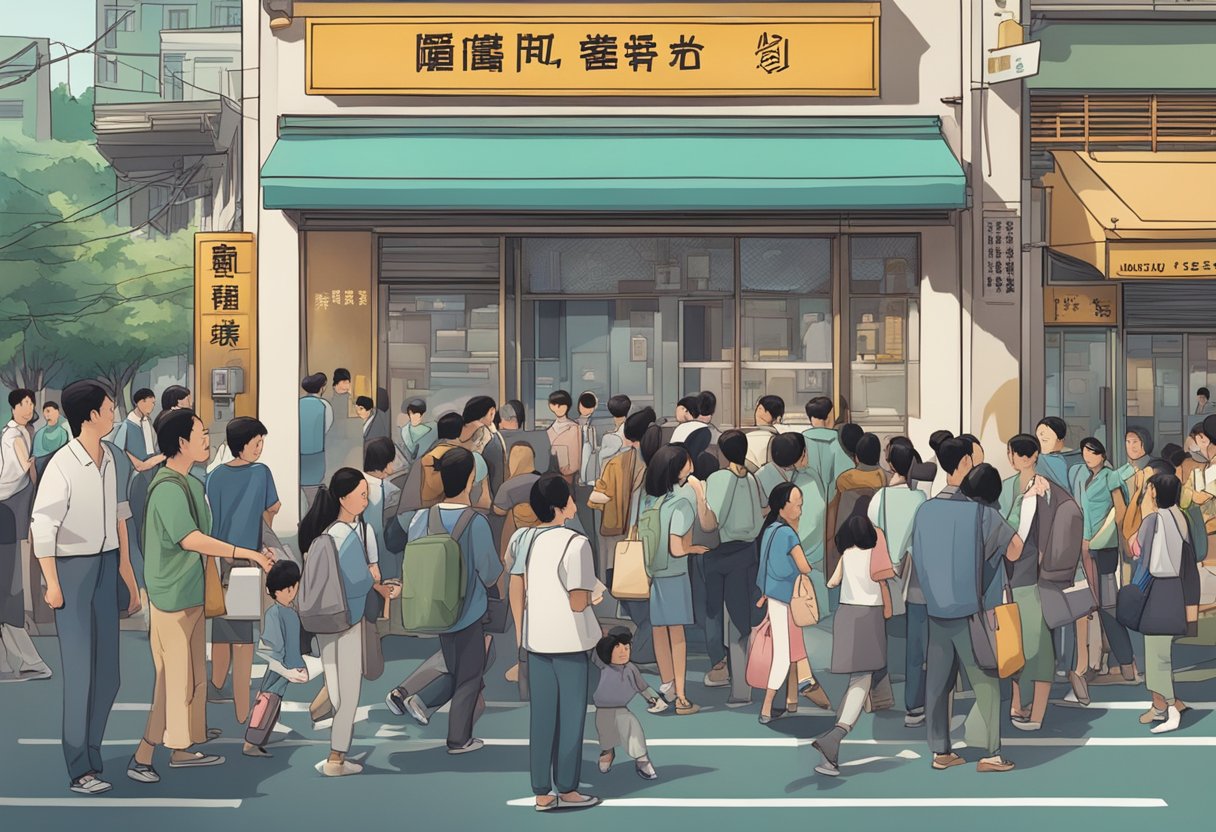 A bustling street corner with a prominent sign reading "Hua Yang Money Lender" surrounded by people engaged in financial transactions