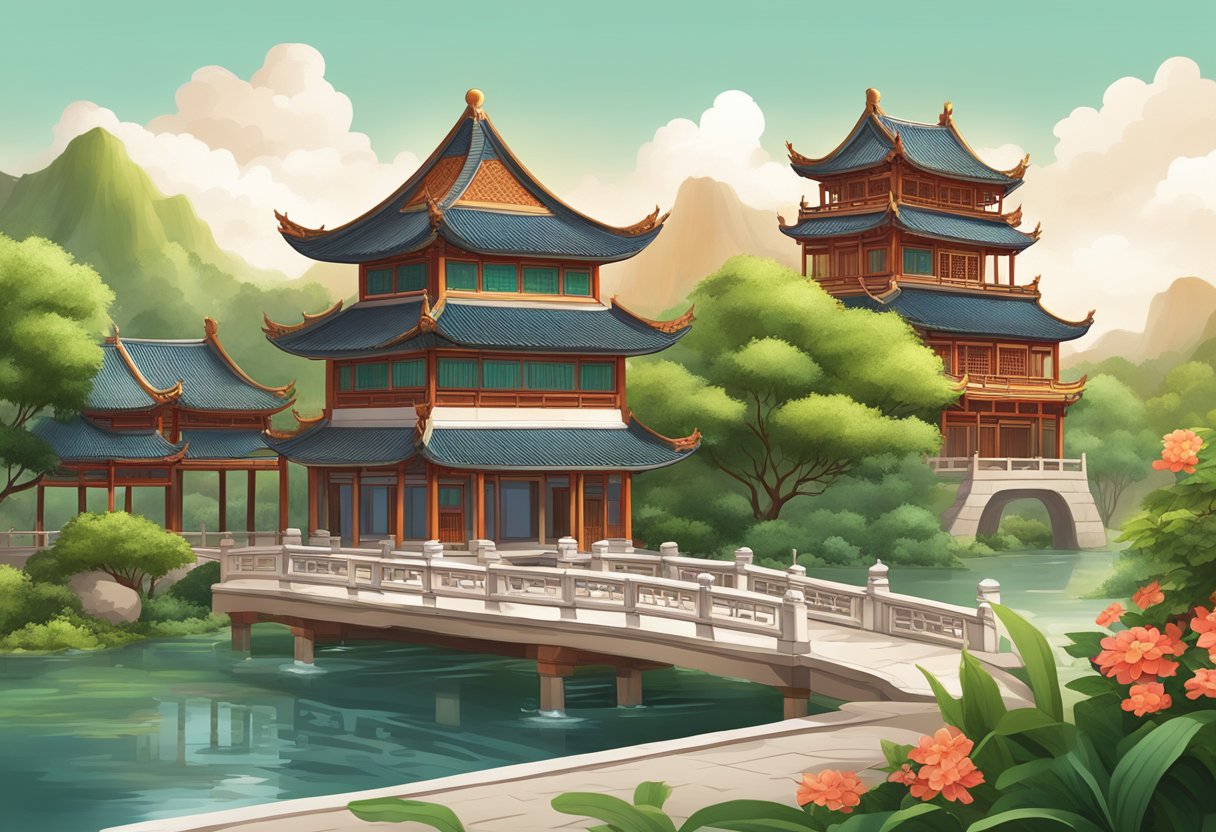 A traditional Chinese building with a red tiled roof and intricate wooden carvings, surrounded by lush greenery and a peaceful river