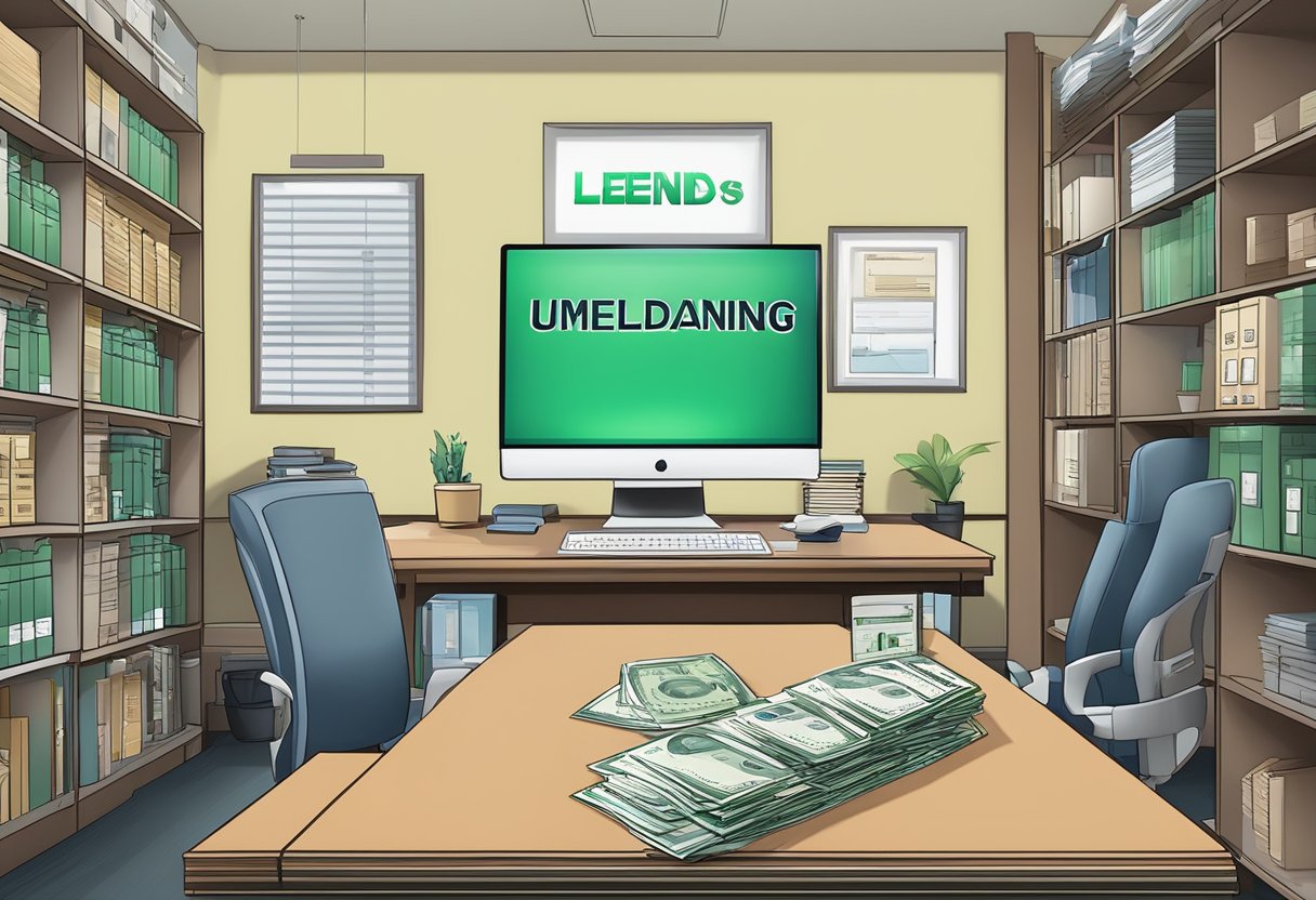 A money lender's office in Singapore with a sign displaying "Understanding Money Lending" and a desk with paperwork and a calculator