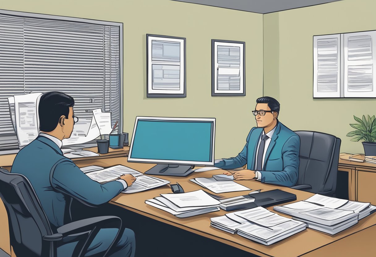 A licensed money lender offers a 24-month loan to a customer in a professional office setting. The lender sits behind a desk with paperwork and a computer, while the customer discusses terms