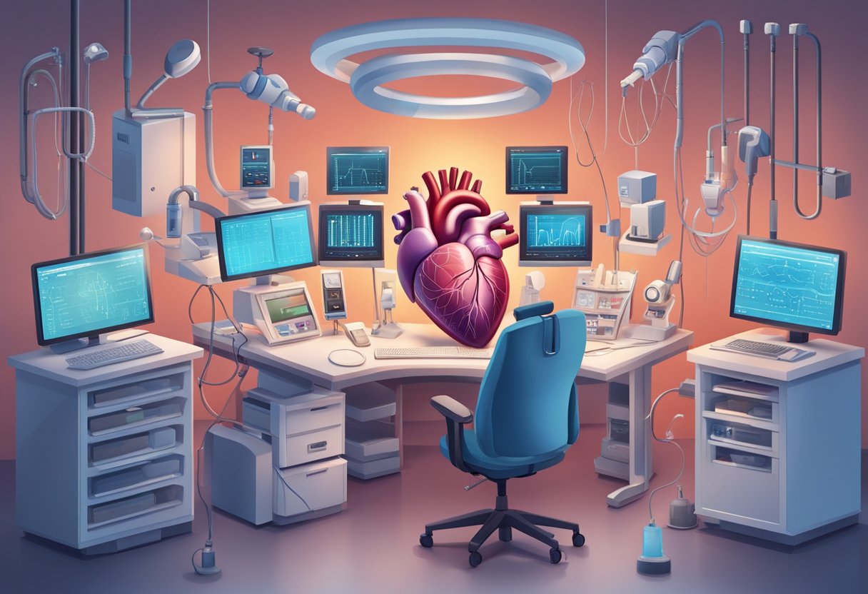 A heart-shaped organ with visible signs of strain and weakness, surrounded by medical equipment and monitors
