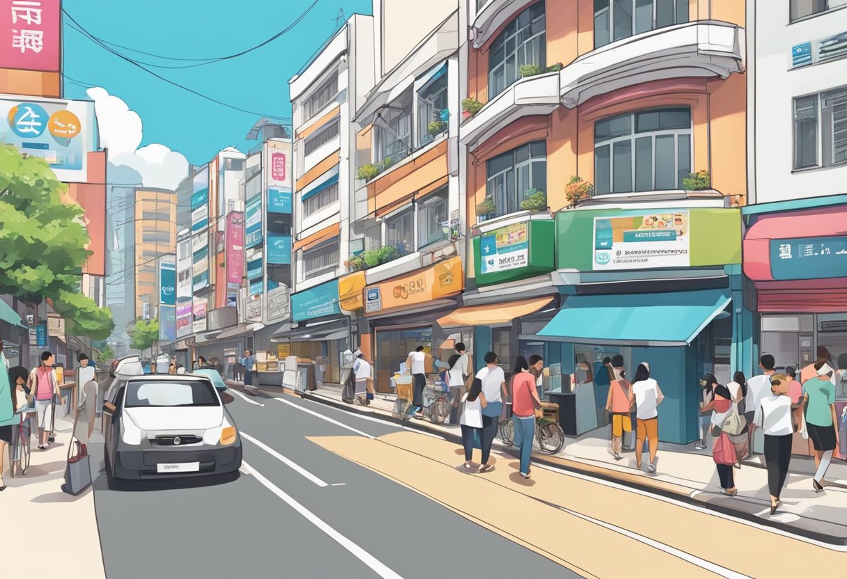 A bustling street in Jalan Besar, with moneylending signs and storefronts. People come and go, engaging in financial transactions