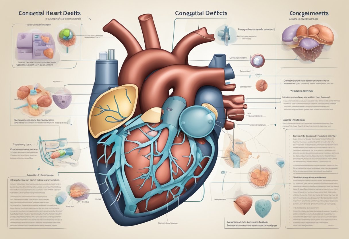 A diagram showing the heart with congenital defects, labeled with symptoms and treatments, surrounded by medical equipment and a doctor's notes
