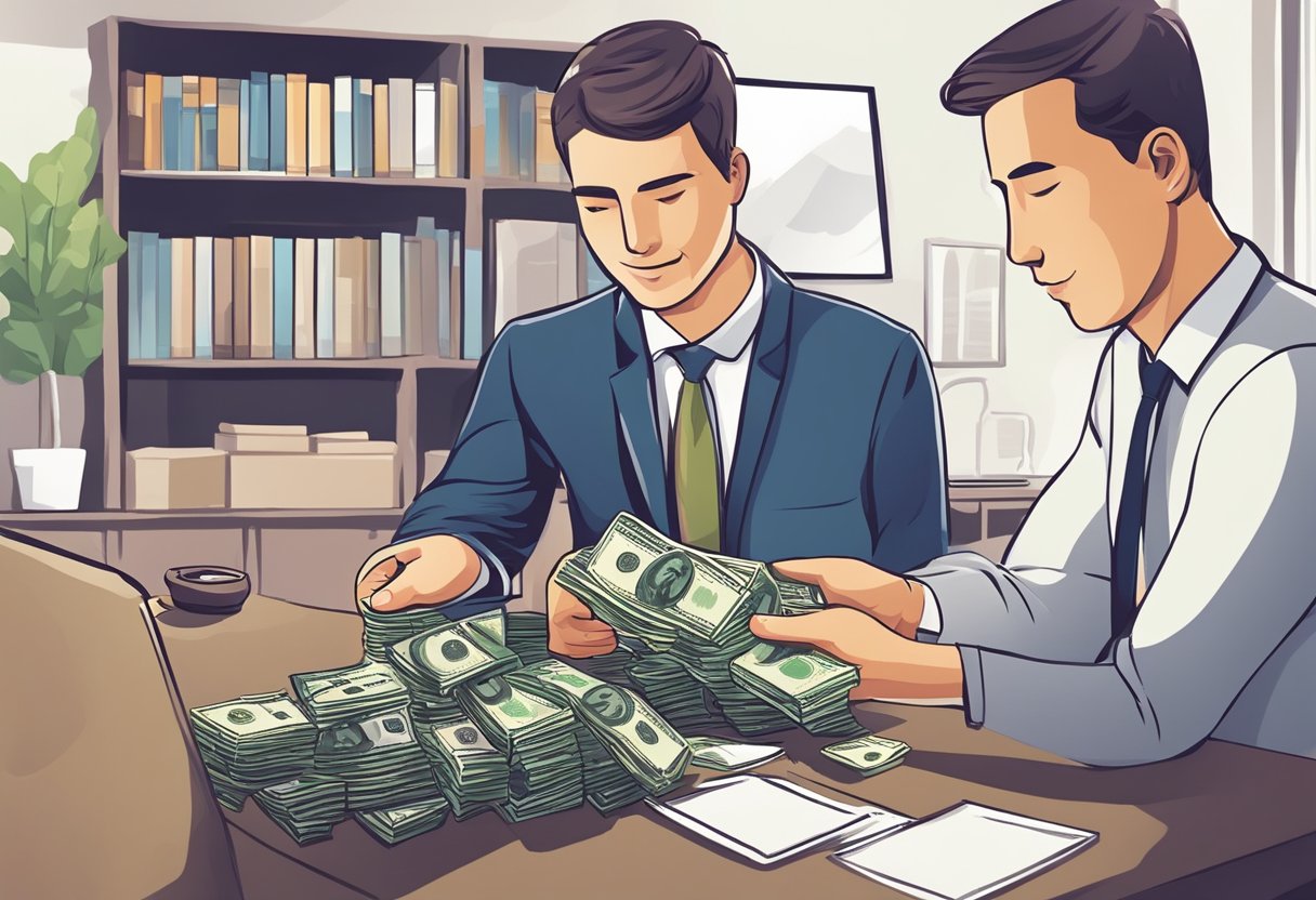A person hands over money to a money lender in exchange for a loan