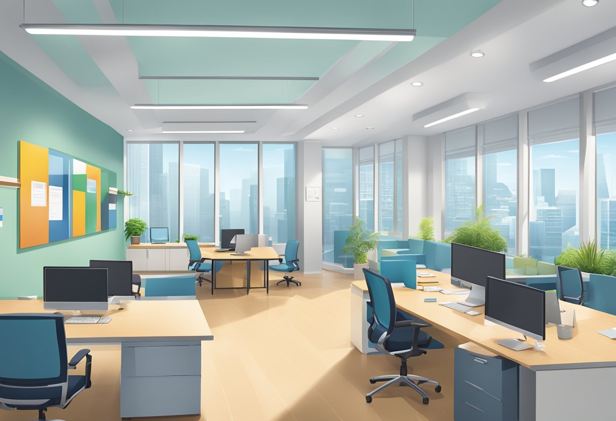 A bright, modern office with a large sign reading "Frequently Asked Questions" at Hua Yang Money Lender. Clean, organized desks and a welcoming reception area