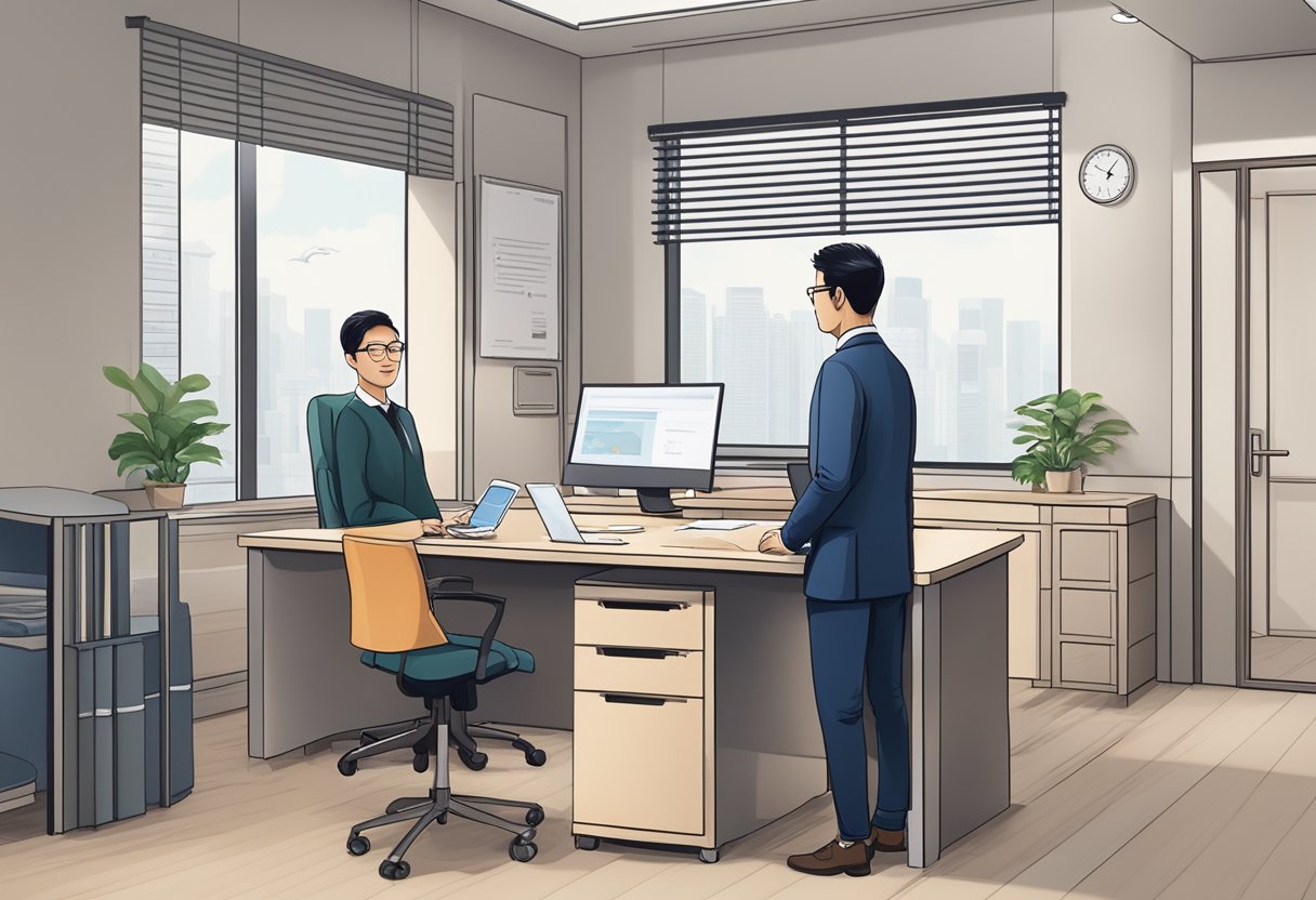 A licensed money lender in Singapore sits behind a desk, offering a 24-month loan to a client. The lender's office is neat and professional, with the company's license prominently displayed on the wall