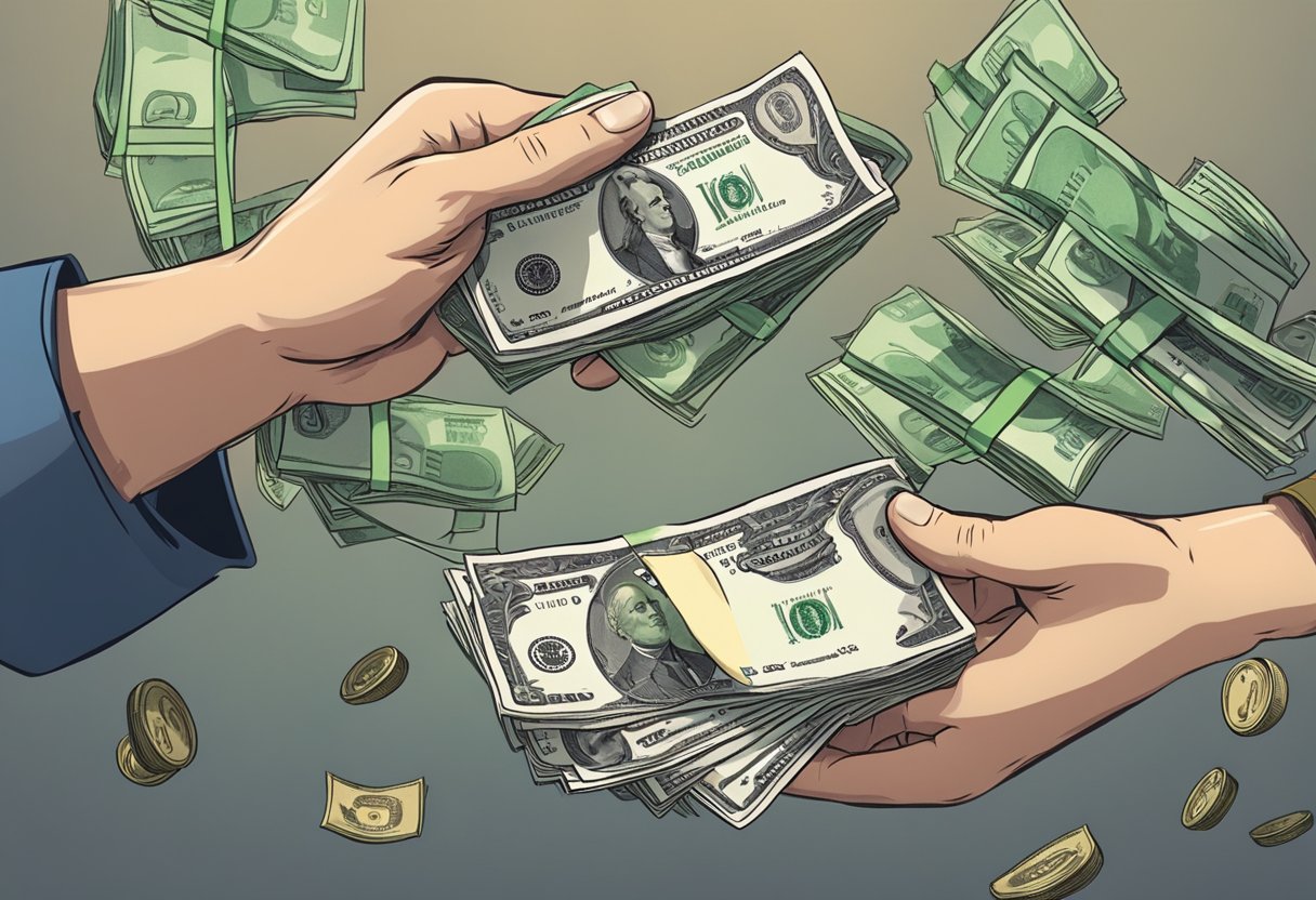 A person handing money to another with a grateful expression